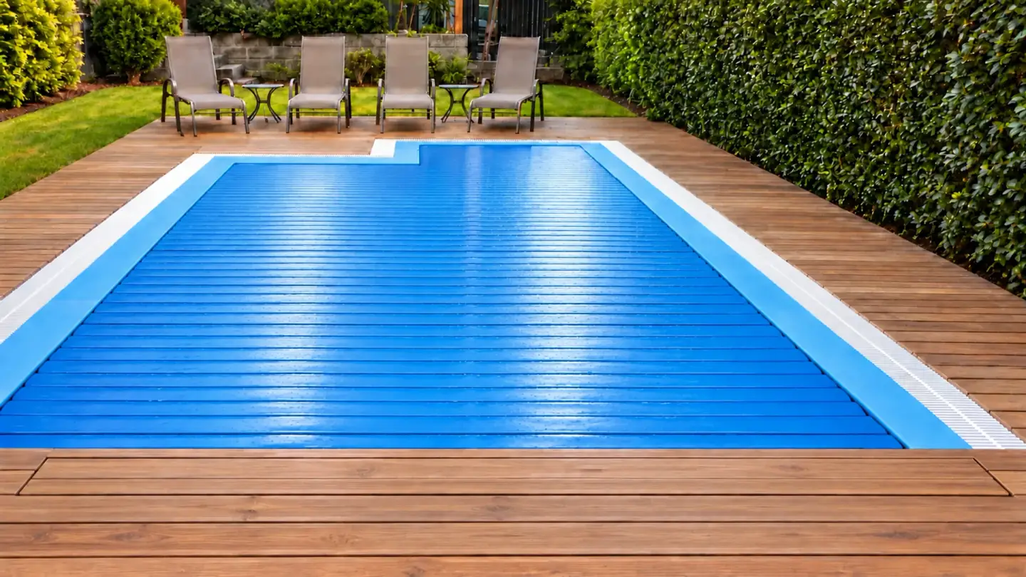 Piscina con la cubierta automática azul extendida